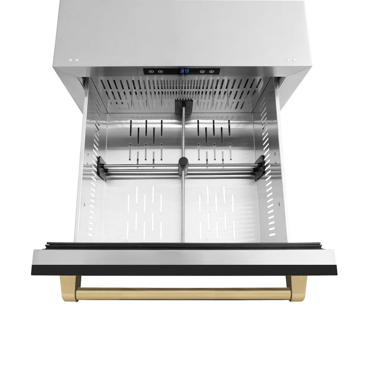 ZLINE Autograph Edition 24 in. Touchstone 168 Can Outdoor-Rated Dual Refrigerator Drawer with Black Matte Doors and Champagne Bronze Handles (RDSOZ-BLM-24-CB)