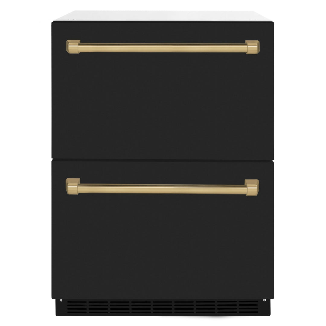 ZLINE Autograph Edition 24 in. Touchstone 168 Can Outdoor-Rated Dual Refrigerator Drawer with Black Matte Doors and Champagne Bronze Handles (RDSOZ-BLM-24-CB)