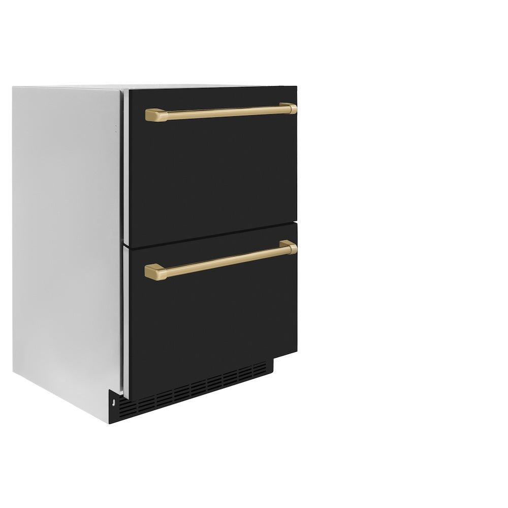 ZLINE Autograph Edition 24 in. Touchstone 168 Can Outdoor-Rated Dual Refrigerator Drawer with Black Matte Doors and Champagne Bronze Handles (RDSOZ-BLM-24-CB)