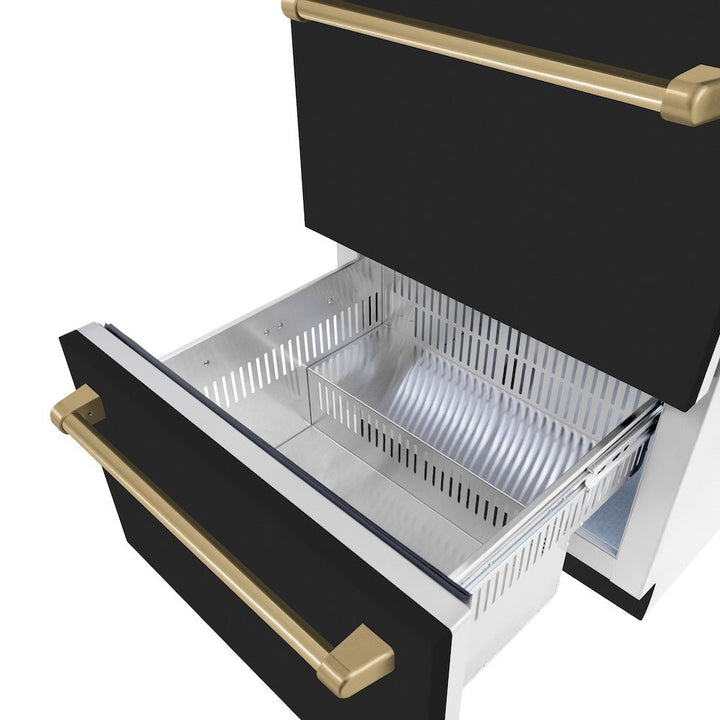 ZLINE Autograph Edition 24 in. Touchstone 168 Can Outdoor-Rated Dual Refrigerator Drawer with Black Matte Doors and Champagne Bronze Handles (RDSOZ-BLM-24-CB)