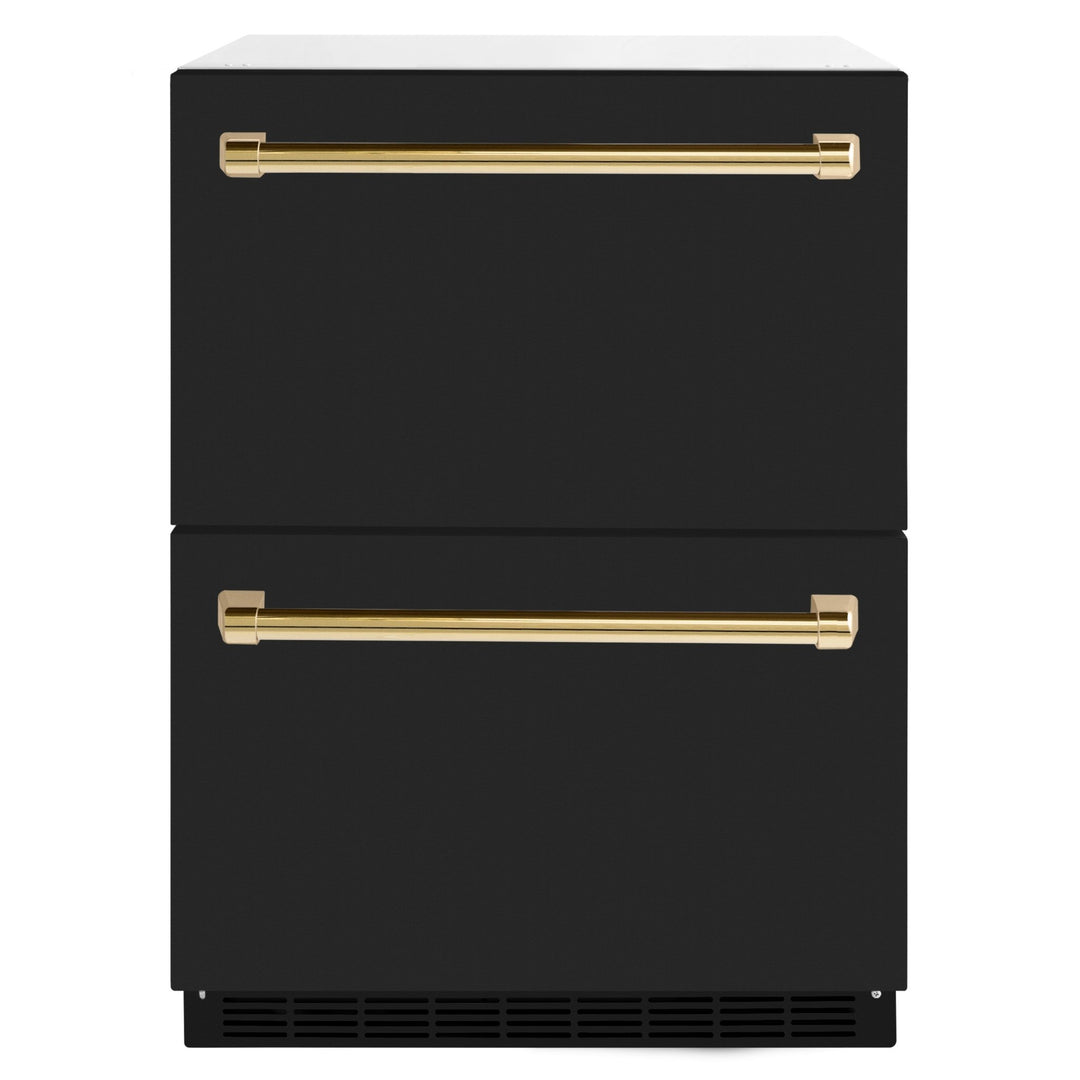 ZLINE Autograph Edition 24 in. Touchstone 168 Can Outdoor-Rated Dual Refrigerator Drawer with Black Matte Doors and Polished Gold Handles (RDSOZ-BLM-24-G)