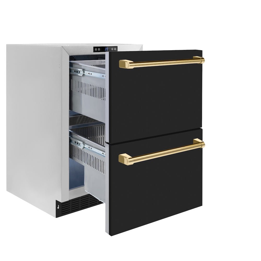 ZLINE Autograph Edition 24 in. Touchstone 168 Can Outdoor-Rated Dual Refrigerator Drawer with Black Matte Doors and Polished Gold Handles (RDSOZ-BLM-24-G)