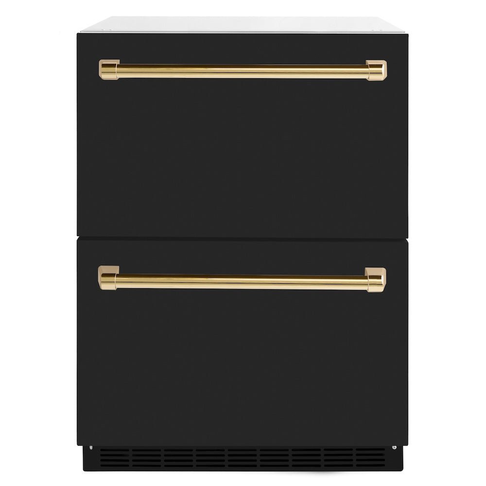 ZLINE Autograph Edition 24 in. Touchstone 168 Can Outdoor-Rated Dual Refrigerator Drawer with Black Matte Doors and Polished Gold Handles (RDSOZ-BLM-24-G)