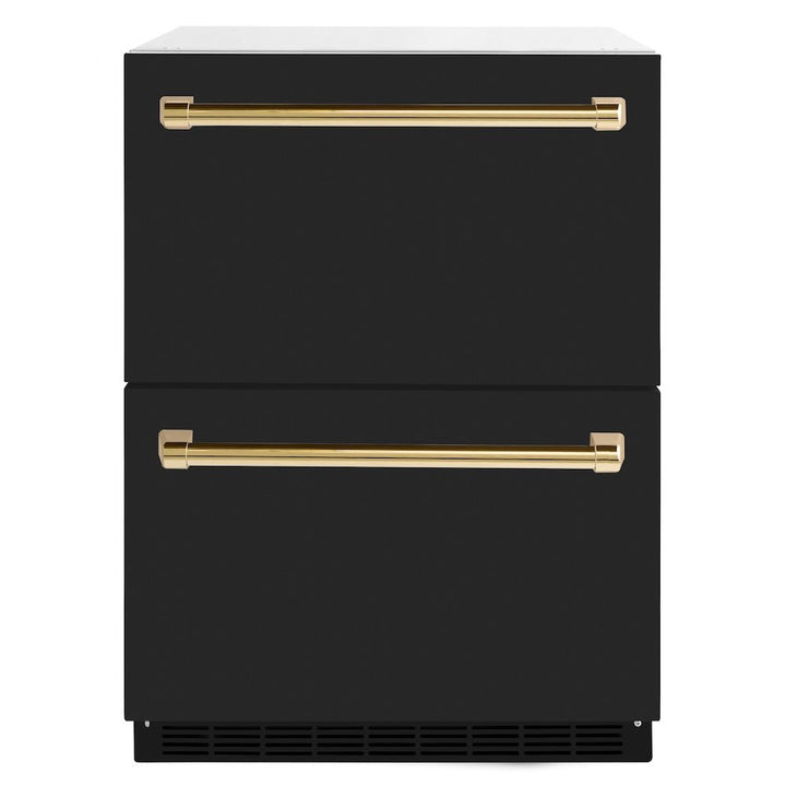ZLINE Autograph Edition 24 in. Touchstone 168 Can Outdoor-Rated Dual Refrigerator Drawer with Black Matte Doors and Polished Gold Handles (RDSOZ-BLM-24-G)