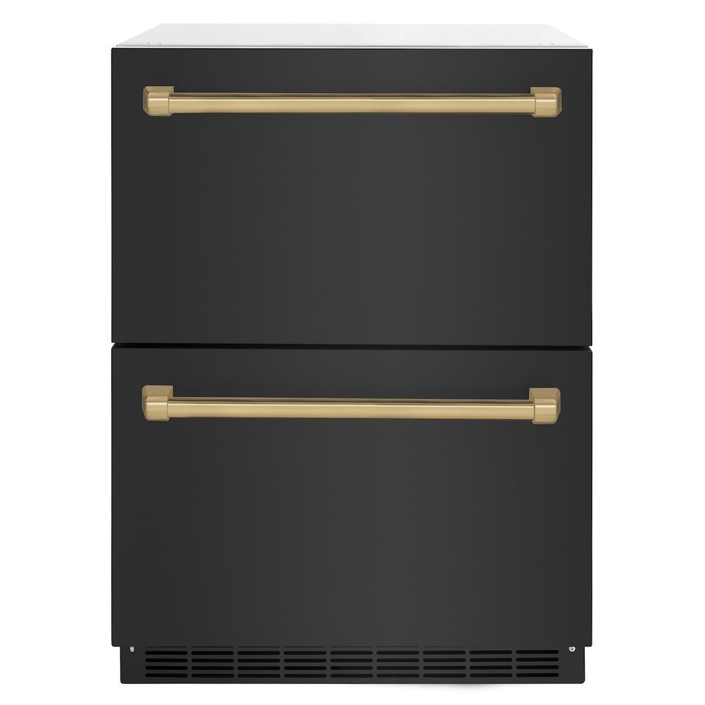 ZLINE Autograph Edition 24 in. Touchstone 168 Can Outdoor-Rated Dual Refrigerator Drawer with Black Stainless Steel Doors and Champagne Bronze Handles (RDSOZ-BS-24-CB)