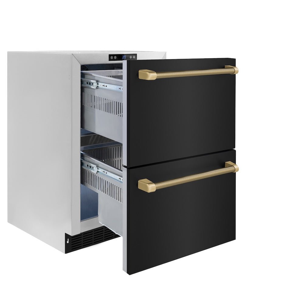 ZLINE Autograph Edition 24 in. Touchstone 168 Can Outdoor-Rated Dual Refrigerator Drawer with Black Stainless Steel Doors and Champagne Bronze Helix Handles (RDSOZ-BS-24-KCB)