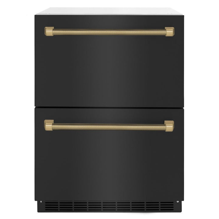 ZLINE Autograph Edition 24 in. Touchstone 168 Can Outdoor-Rated Dual Refrigerator Drawer with Black Stainless Steel Doors and Champagne Bronze Helix Handles (RDSOZ-BS-24-KCB)