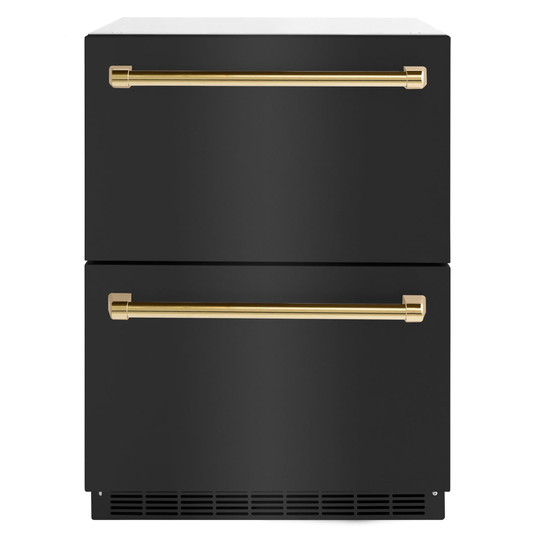 ZLINE Autograph Edition 24 in. Touchstone 168 Can Outdoor-Rated Dual Refrigerator Drawer with Black Stainless Steel Doors and Polished Gold Handles (RDSOZ-BS-24-G)