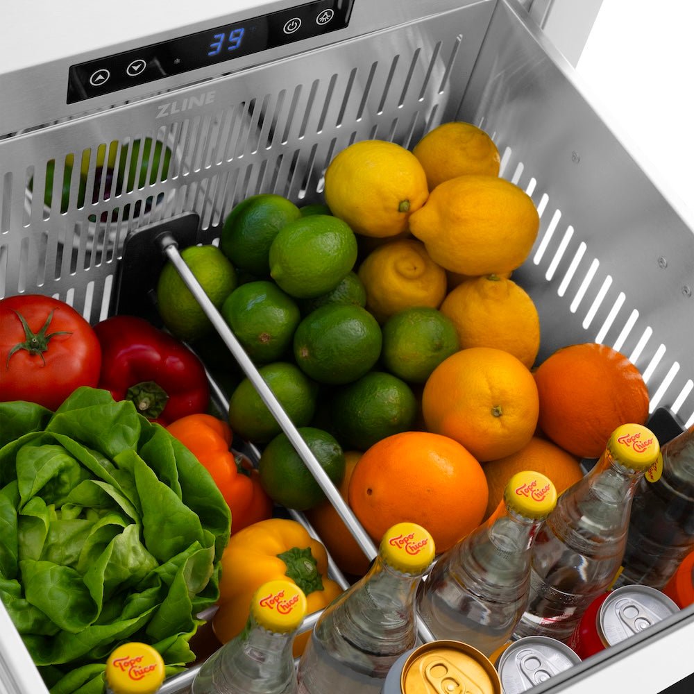 ZLINE Autograph Edition 24 in. Touchstone 168 Can Outdoor-Rated Dual Refrigerator Drawer with Black Stainless Steel Doors and Polished Gold Handles (RDSOZ-BS-24-G)