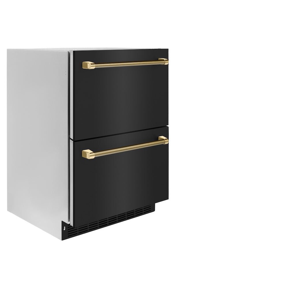 ZLINE Autograph Edition 24 in. Touchstone 168 Can Outdoor-Rated Dual Refrigerator Drawer with Black Stainless Steel Doors and Polished Gold Helix Handles (RDSOZ-BS-24-KG)