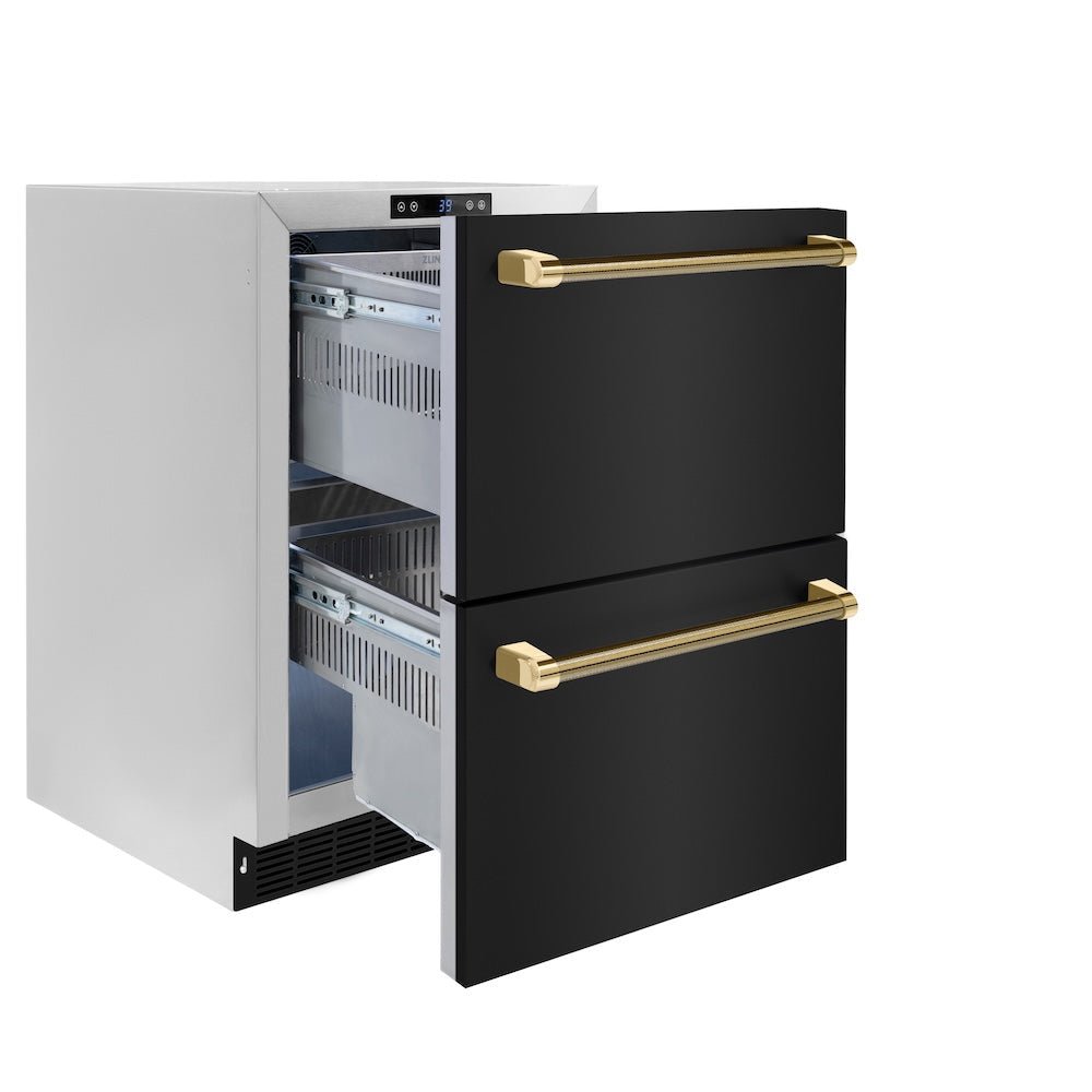 ZLINE Autograph Edition 24 in. Touchstone 168 Can Outdoor-Rated Dual Refrigerator Drawer with Black Stainless Steel Doors and Polished Gold Helix Handles (RDSOZ-BS-24-KG)