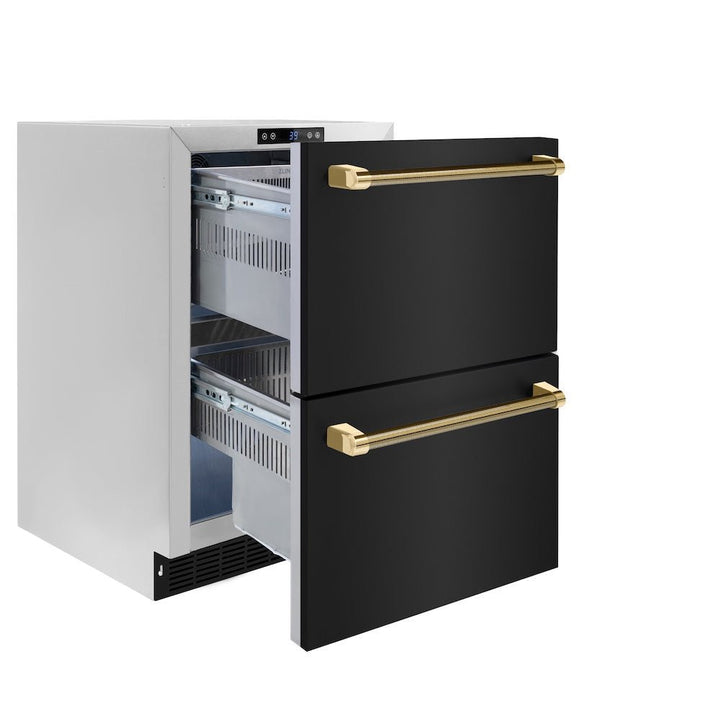 ZLINE Autograph Edition 24 in. Touchstone 168 Can Outdoor-Rated Dual Refrigerator Drawer with Black Stainless Steel Doors and Polished Gold Helix Handles (RDSOZ-BS-24-KG)