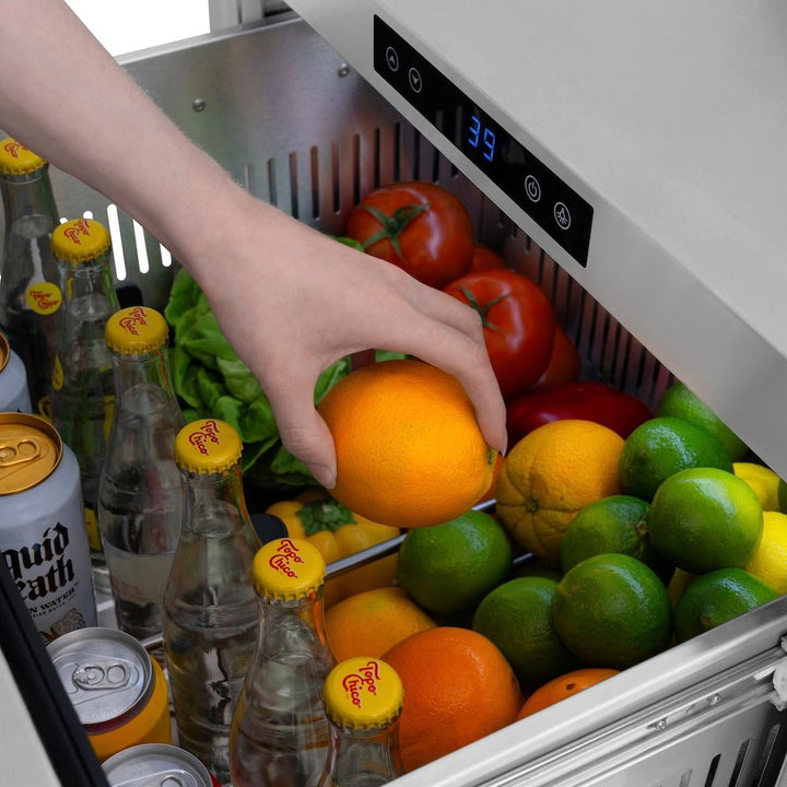 ZLINE Autograph Edition 24 in. Touchstone 168 Can Outdoor-Rated Dual Refrigerator Drawer with Black Stainless Steel Doors and Polished Gold Helix Handles (RDSOZ-BS-24-KG)