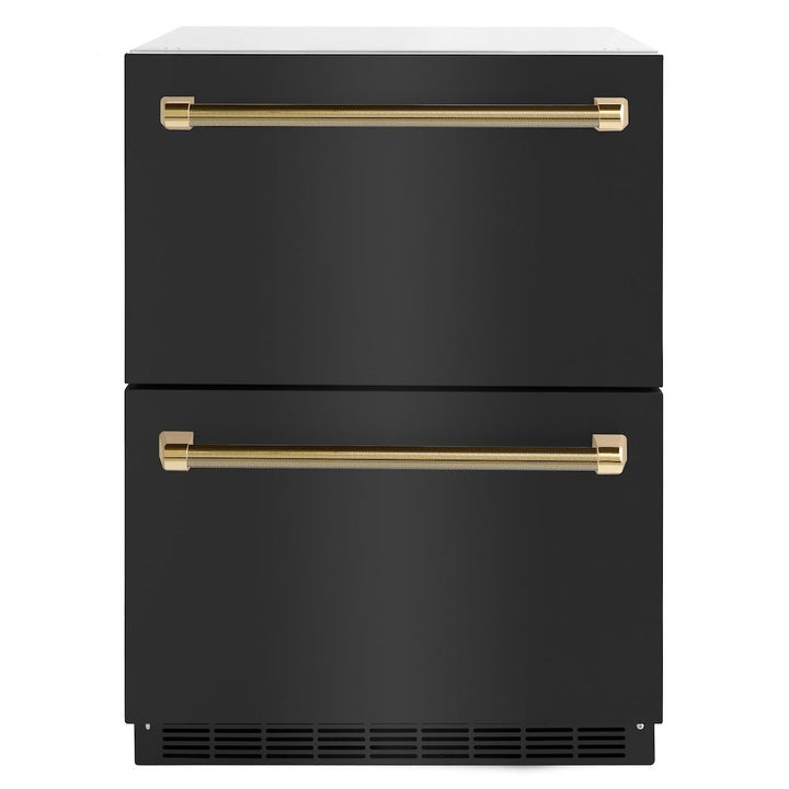 ZLINE Autograph Edition 24 in. Touchstone 168 Can Outdoor-Rated Dual Refrigerator Drawer with Black Stainless Steel Doors and Polished Gold Helix Handles (RDSOZ-BS-24-KG)