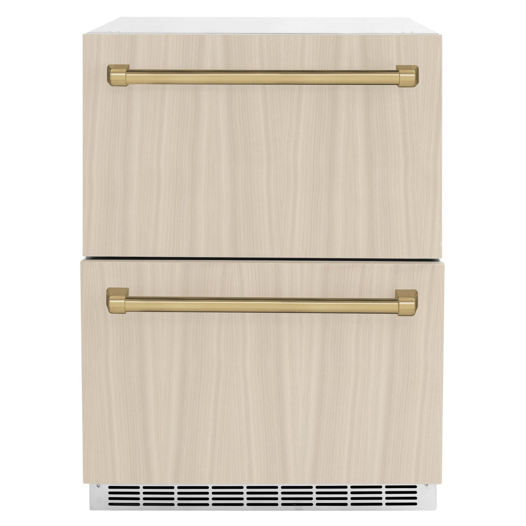 ZLINE Autograph Edition 24 in. Touchstone 168 Can Outdoor-Rated Dual Refrigerator Drawer with Panel-Ready Doors and Champagne Bronze Handles (RDSPOZ-24-CB)
