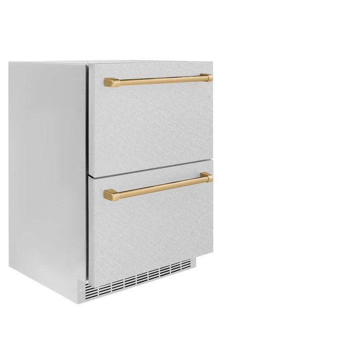 ZLINE Autograph Edition 24 in. Touchstone 168 Can Outdoor-Rated Dual Refrigerator Drawer with Satin Stainless Steel Doors and Champagne Bronze Handles (RDSOZ-SN-24-CB)