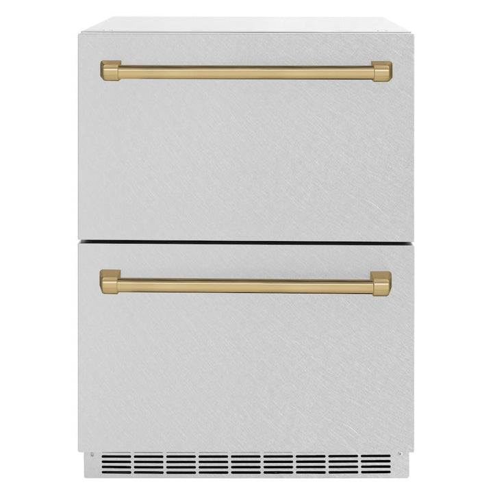 ZLINE Autograph Edition 24 in. Touchstone 168 Can Outdoor-Rated Dual Refrigerator Drawer with Satin Stainless Steel Doors and Champagne Bronze Handles (RDSOZ-SN-24-CB)