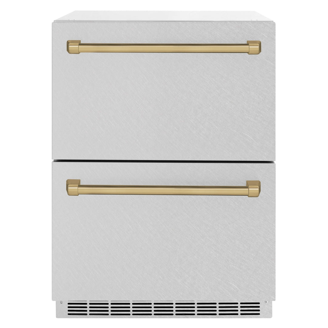 ZLINE Autograph Edition 24 in. Touchstone 168 Can Outdoor-Rated Dual Refrigerator Drawer with Satin Stainless Steel Doors and Champagne Bronze Handles (RDSOZ-SN-24-CB)