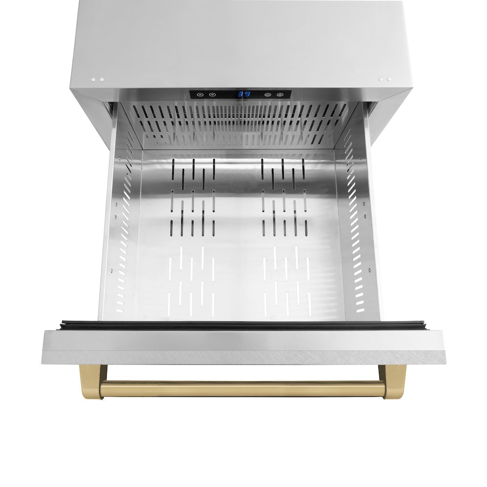 ZLINE Autograph Edition 24 in. Touchstone 168 Can Outdoor-Rated Dual Refrigerator Drawer with Satin Stainless Steel Doors and Champagne Bronze Handles (RDSOZ-SN-24-CB)