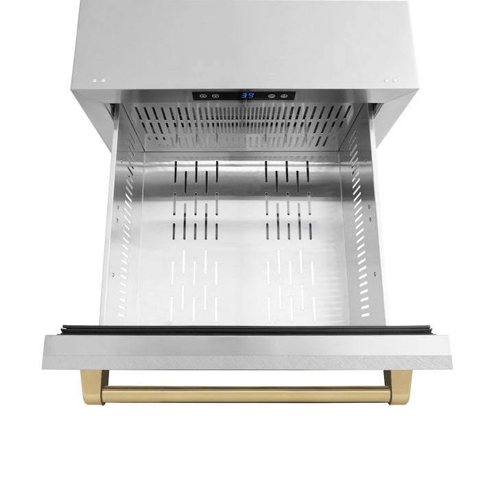 ZLINE Autograph Edition 24 in. Touchstone 168 Can Outdoor-Rated Dual Refrigerator Drawer with Satin Stainless Steel Doors and Champagne Bronze Handles (RDSOZ-SN-24-CB)