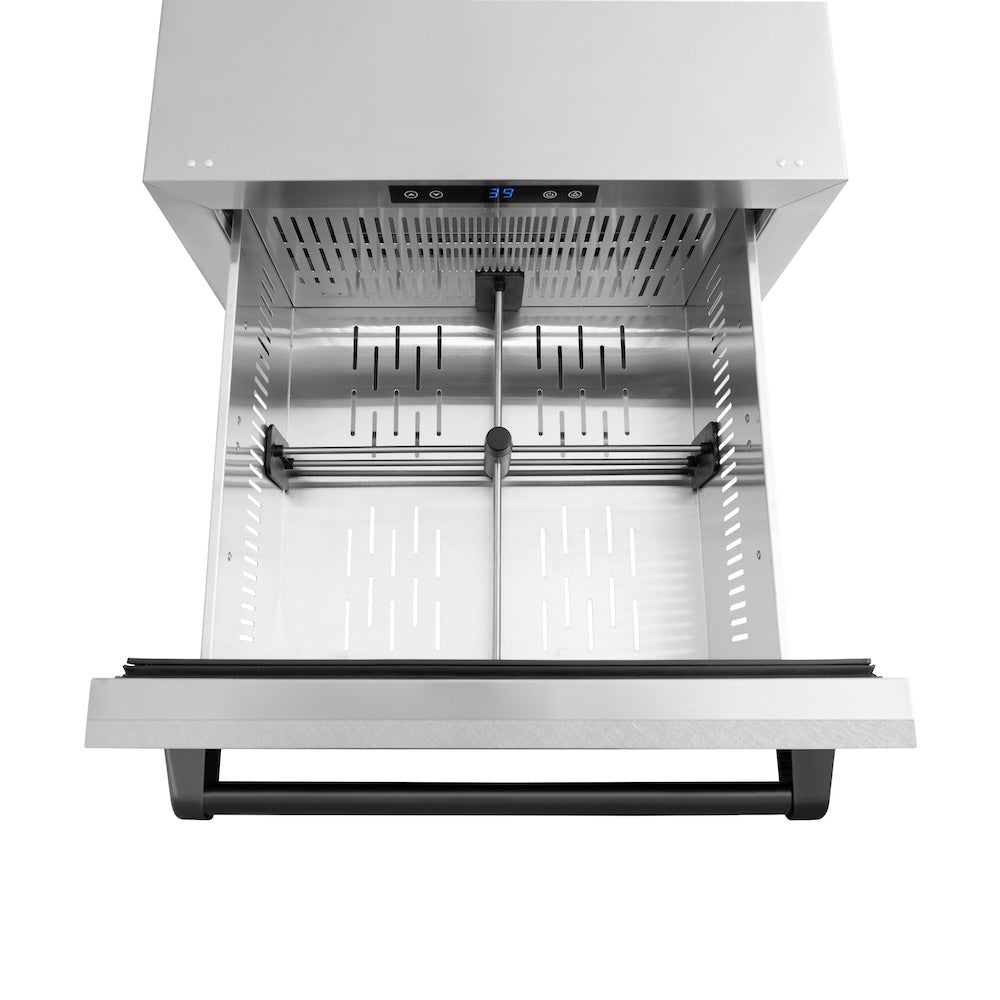 ZLINE Autograph Edition 24 in. Touchstone 168 Can Outdoor-Rated Dual Refrigerator Drawer with Satin Stainless Steel Doors and Matte Black Handles (RDSOZ-SN-24-MB)