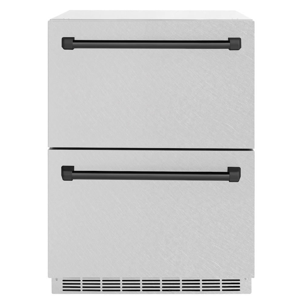ZLINE Autograph Edition 24 in. Touchstone 168 Can Outdoor-Rated Dual Refrigerator Drawer with Satin Stainless Steel Doors and Matte Black Handles (RDSOZ-SN-24-MB)