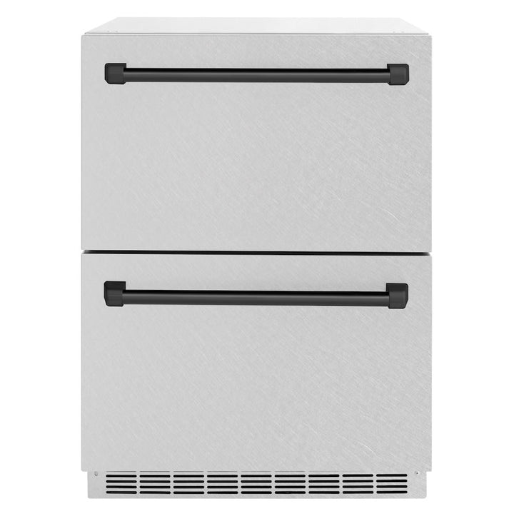 ZLINE Autograph Edition 24 in. Touchstone 168 Can Outdoor-Rated Dual Refrigerator Drawer with Satin Stainless Steel Doors and Matte Black Handles (RDSOZ-SN-24-MB)
