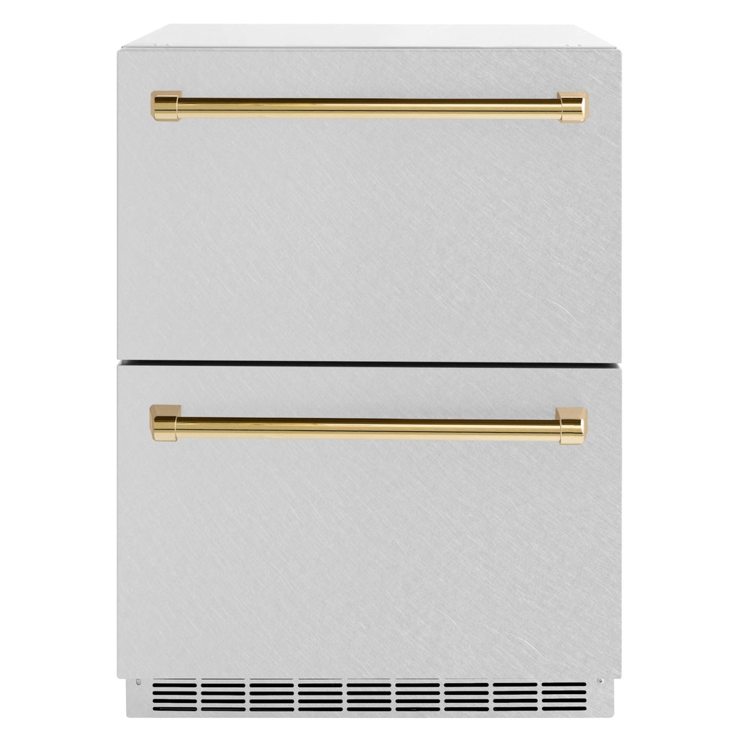 ZLINE Autograph Edition 24 in. Touchstone 168 Can Outdoor-Rated Dual Refrigerator Drawer with Satin Stainless Steel Doors and Polished Gold Handles (RDSOZ-SN-24-G)