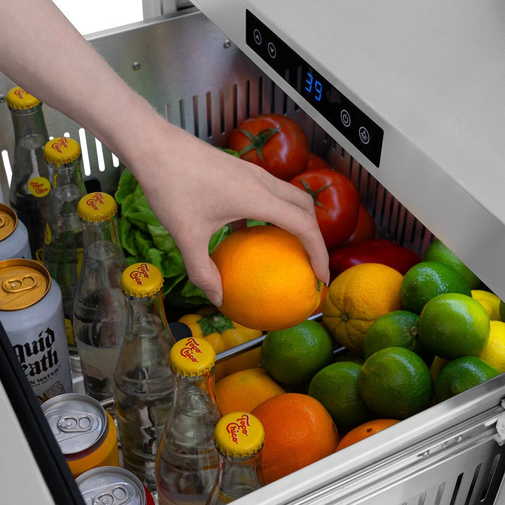 ZLINE Autograph Edition 24 in. Touchstone 168 Can Outdoor-Rated Dual Refrigerator Drawer with Stainless Steel Doors and Champagne Bronze Helix Handles (RDSOZ-ST-24-KCB)