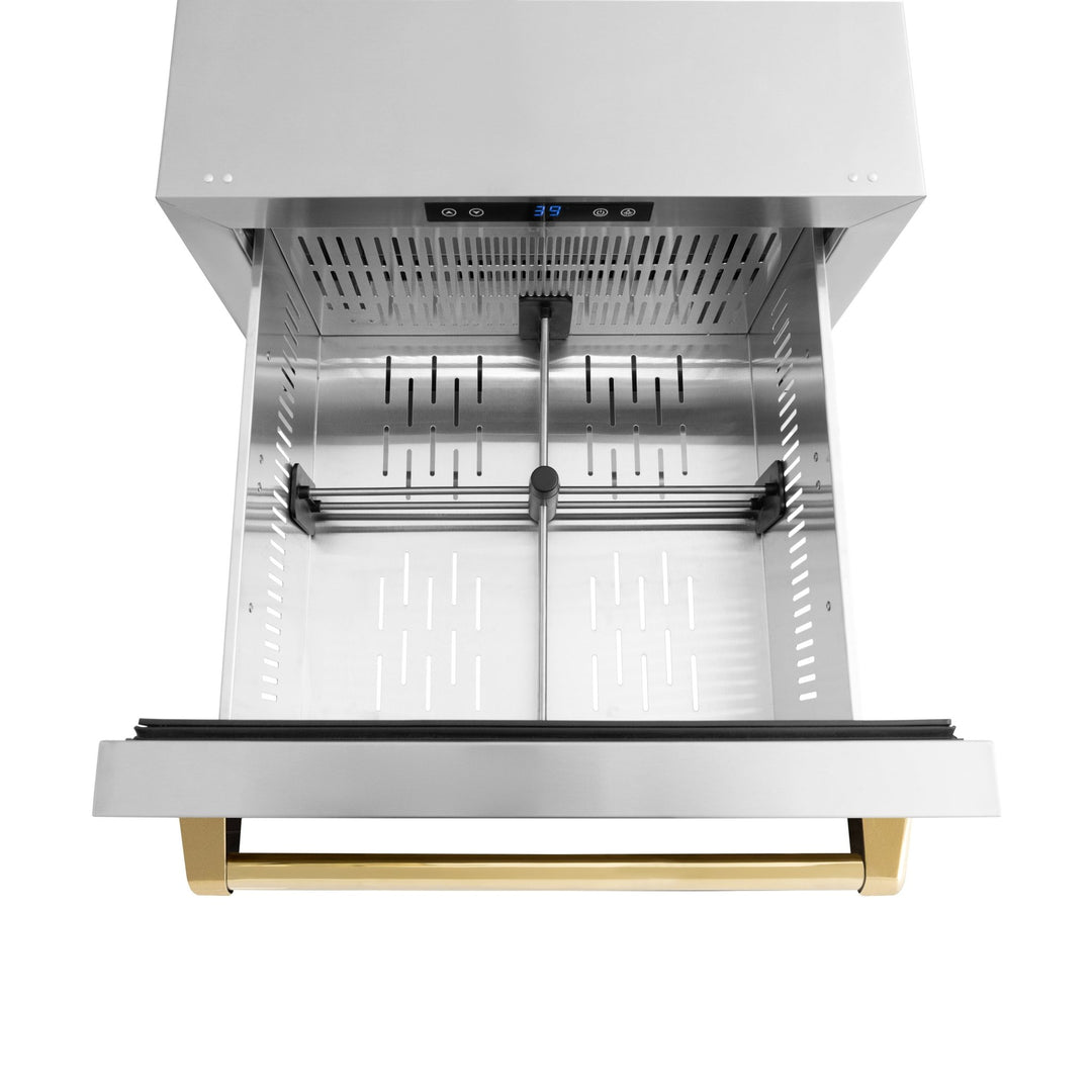 ZLINE Autograph Edition 24 in. Touchstone 168 Can Outdoor-Rated Dual Refrigerator Drawer with Stainless Steel Doors and Polished Gold Handles (RDSOZ-ST-24-G)