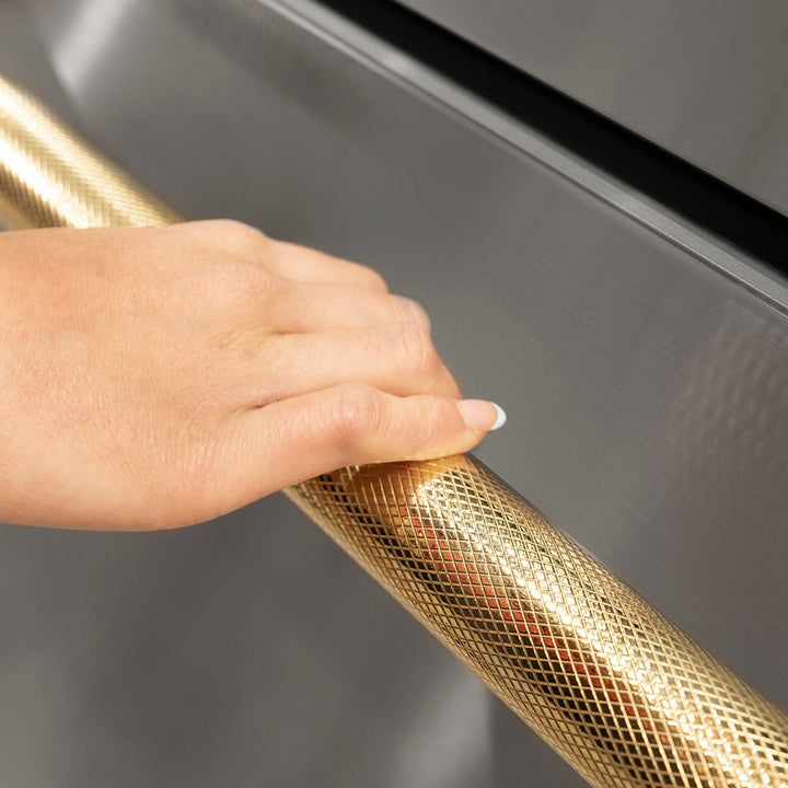 ZLINE Autograph Edition 24 in. Touchstone 168 Can Outdoor-Rated Dual Refrigerator Drawer with Stainless Steel Doors and Polished Gold Helix Handles (RDSOZ-ST-24-KG)