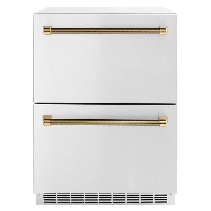 ZLINE Autograph Edition 24 in. Touchstone 168 Can Outdoor-Rated Dual Refrigerator Drawer with Stainless Steel Doors and Polished Gold Helix Handles (RDSOZ-ST-24-KG)