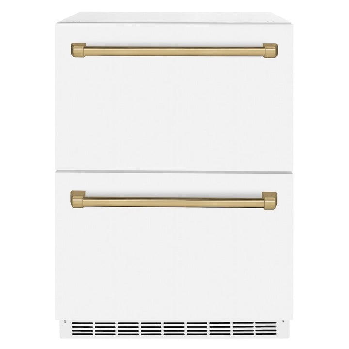ZLINE Autograph Edition 24 in. Touchstone 168 Can Outdoor-Rated Dual Refrigerator Drawer with White Matte Doors and Champagne Bronze Handles (RDSOZ-WM-24-CB)