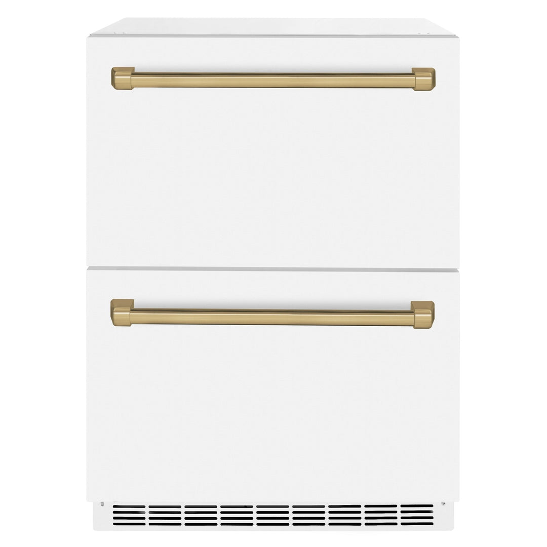 ZLINE Autograph Edition 24 in. Touchstone 168 Can Outdoor-Rated Dual Refrigerator Drawer with White Matte Doors and Champagne Bronze Handles (RDSOZ-WM-24-CB)