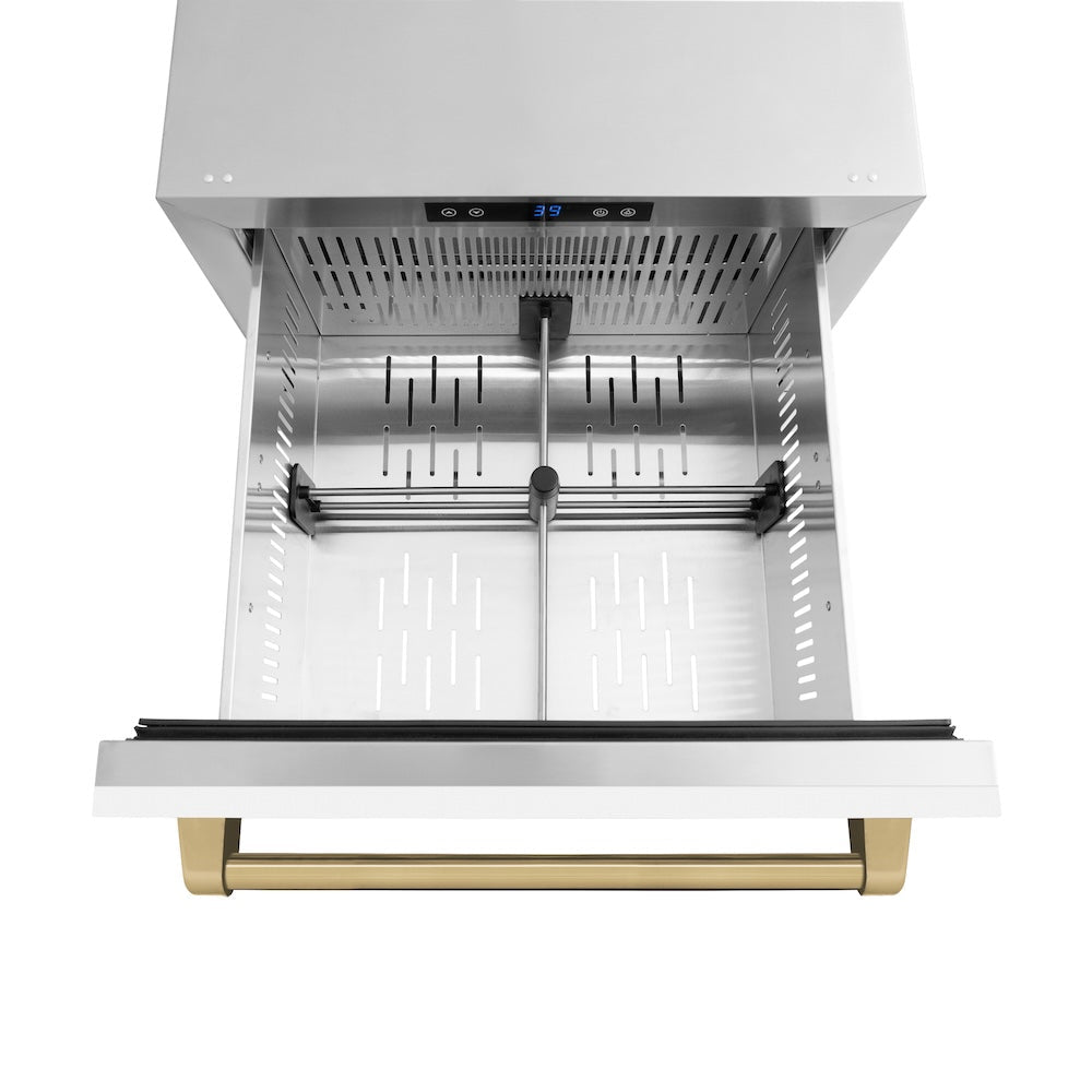 ZLINE Autograph Edition 24 in. Touchstone 168 Can Outdoor-Rated Dual Refrigerator Drawer with White Matte Doors and Champagne Bronze Handles (RDSOZ-WM-24-CB)