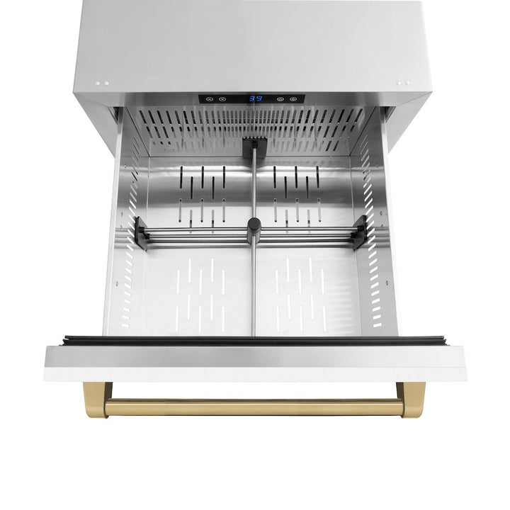 ZLINE Autograph Edition 24 in. Touchstone 168 Can Outdoor-Rated Dual Refrigerator Drawer with White Matte Doors and Champagne Bronze Handles (RDSOZ-WM-24-CB)