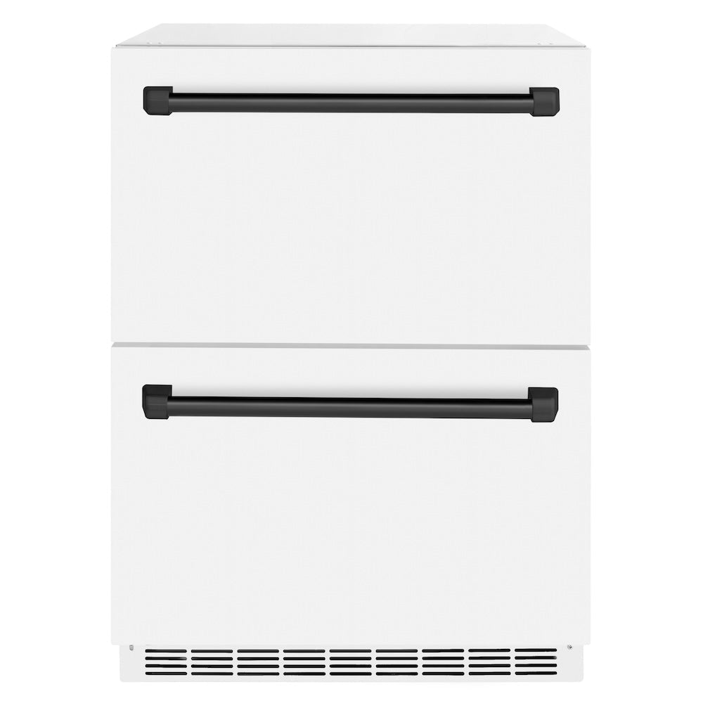 ZLINE Autograph Edition 24 in. Touchstone 168 Can Outdoor-Rated Dual Refrigerator Drawer with White Matte Doors and Matte Black Handles (RDSOZ-WM-24-MB)