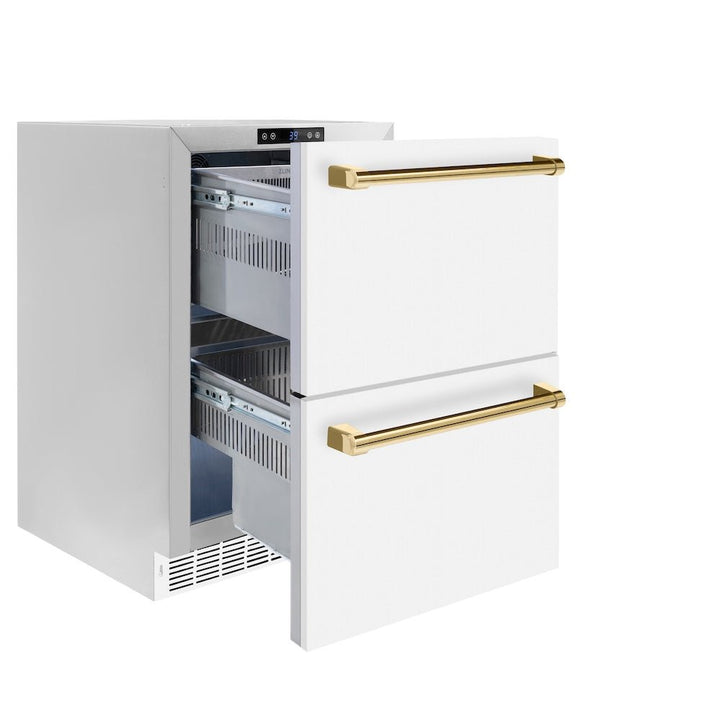 ZLINE Autograph Edition 24 in. Touchstone 168 Can Outdoor-Rated Dual Refrigerator Drawer with White Matte Doors and Polished Gold Handles (RDSOZ-WM-24-G)