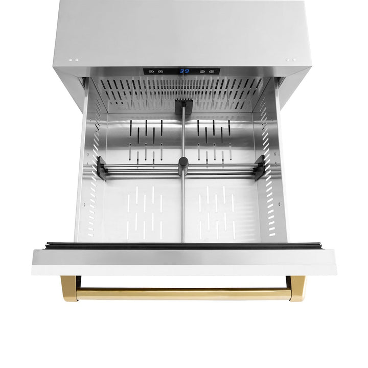 ZLINE Autograph Edition 24 in. Touchstone 168 Can Outdoor-Rated Dual Refrigerator Drawer with White Matte Doors and Polished Gold Handles (RDSOZ-WM-24-G)