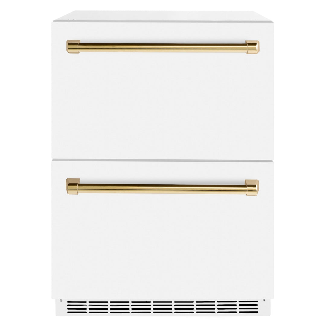 ZLINE Autograph Edition 24 in. Touchstone 168 Can Outdoor-Rated Dual Refrigerator Drawer with White Matte Doors and Polished Gold Handles (RDSOZ-WM-24-G)