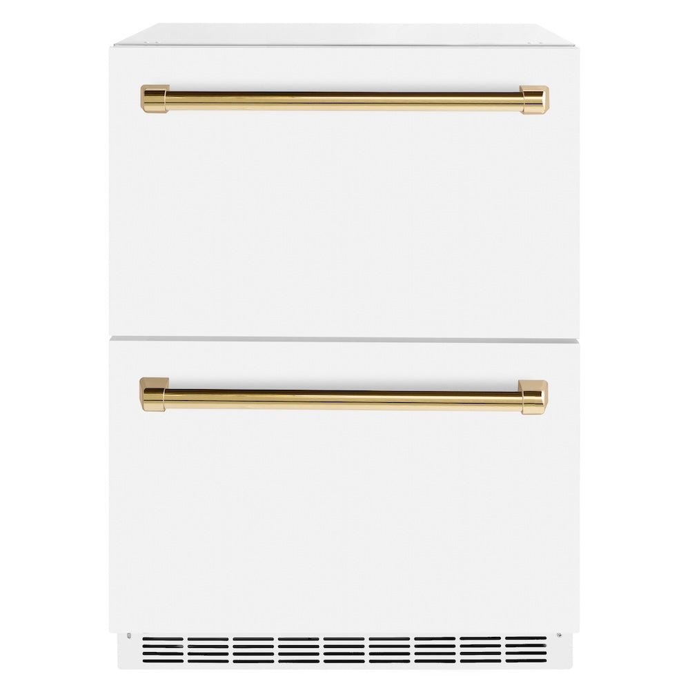 ZLINE Autograph Edition 24 in. Touchstone 168 Can Outdoor-Rated Dual Refrigerator Drawer with White Matte Doors and Polished Gold Handles (RDSOZ-WM-24-G)