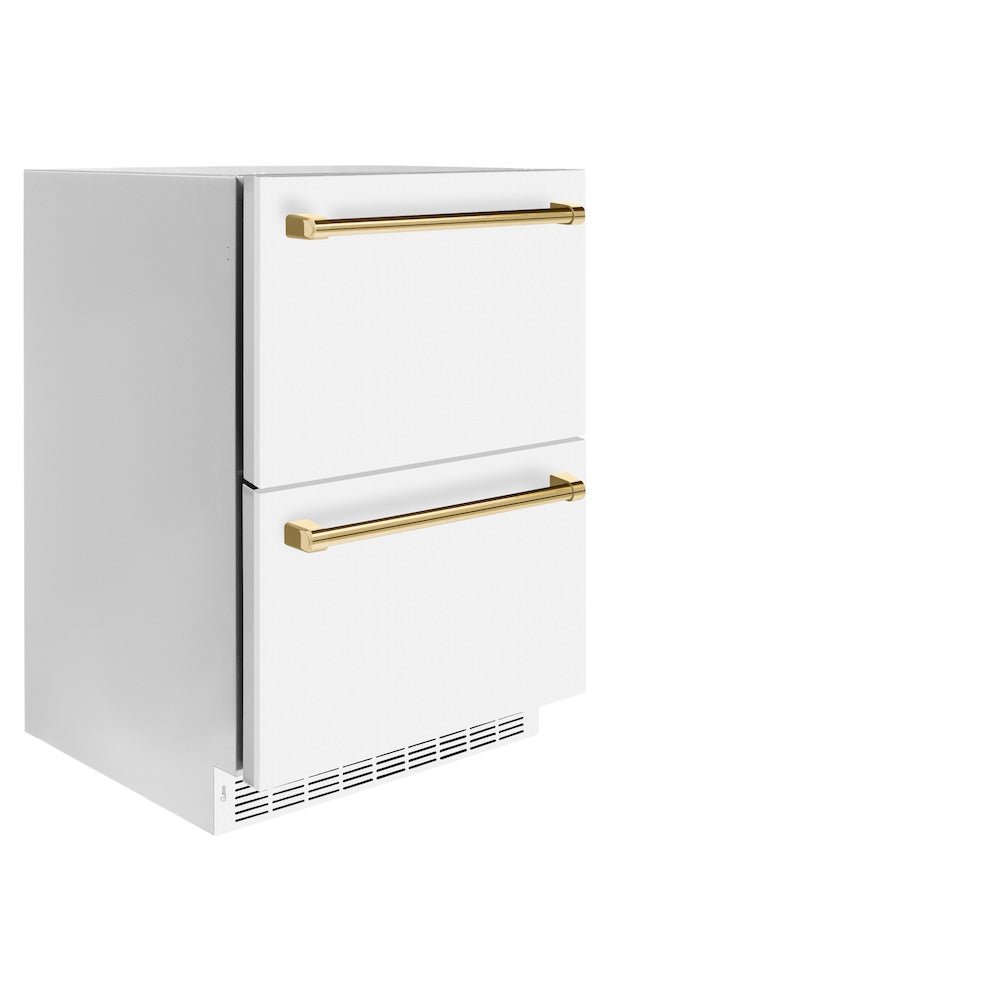 ZLINE Autograph Edition 24 in. Touchstone 168 Can Outdoor-Rated Dual Refrigerator Drawer with White Matte Doors and Polished Gold Handles (RDSOZ-WM-24-G)
