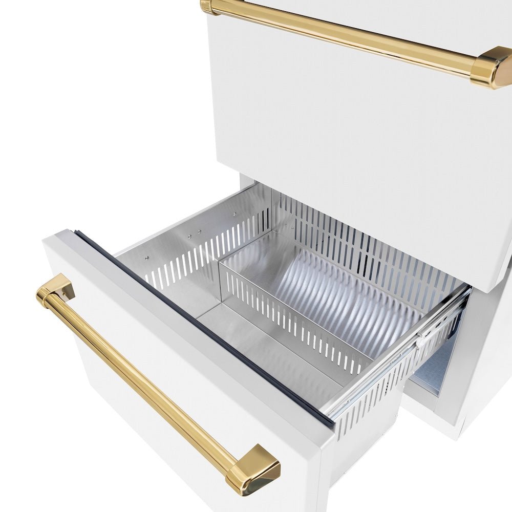 ZLINE Autograph Edition 24 in. Touchstone 168 Can Outdoor-Rated Dual Refrigerator Drawer with White Matte Doors and Polished Gold Handles (RDSOZ-WM-24-G)
