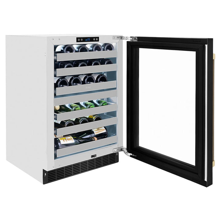 ZLINE Autograph Edition 24 in. Touchstone Dual Zone 44 Bottle Wine Cooler with Black Stainless Steel Glass Door and Champagne Bronze Helix Handle (RWDOZ-BS-24-KCB)