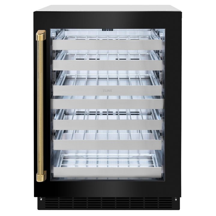 ZLINE Autograph Edition 24 in. Touchstone Dual Zone 44 Bottle Wine Cooler with Black Stainless Steel Glass Door and Polished Gold Helix Handle (RWDOZ-BS-24-KG)