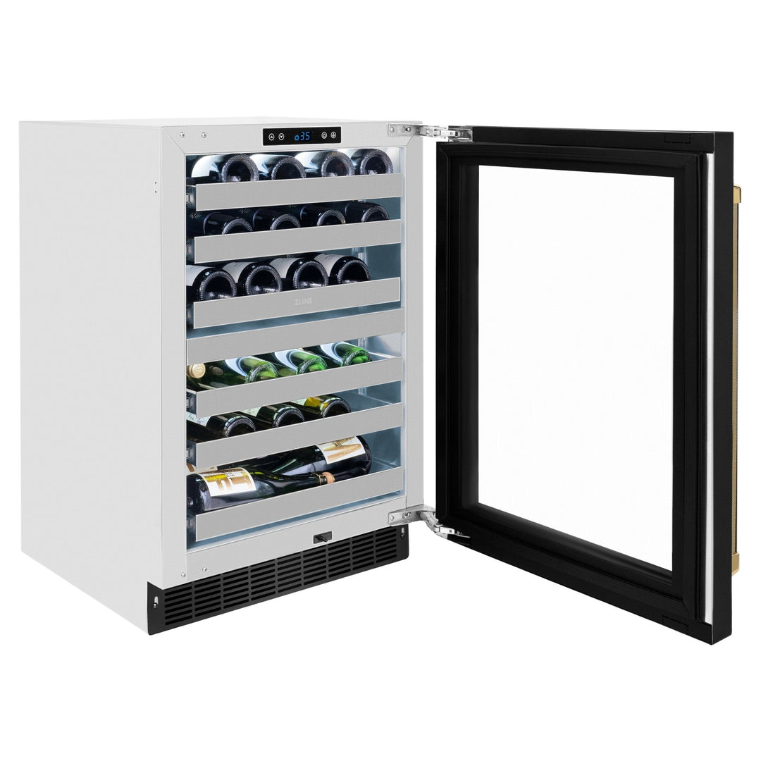 ZLINE Autograph Edition 24 in. Touchstone Dual Zone 44 Bottle Wine Cooler with Black Stainless Steel Glass Door and Polished Gold Helix Handle (RWDOZ-BS-24-KG)
