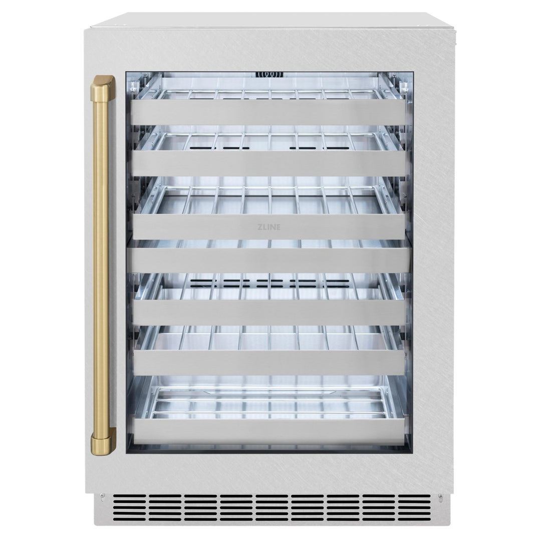 ZLINE Autograph Edition 24 in. Touchstone Dual Zone 44 Bottle Wine Cooler with Satin Stainless Steel Glass Door and Champagne Bronze Handle (RWDOZ-SN-24-CB)