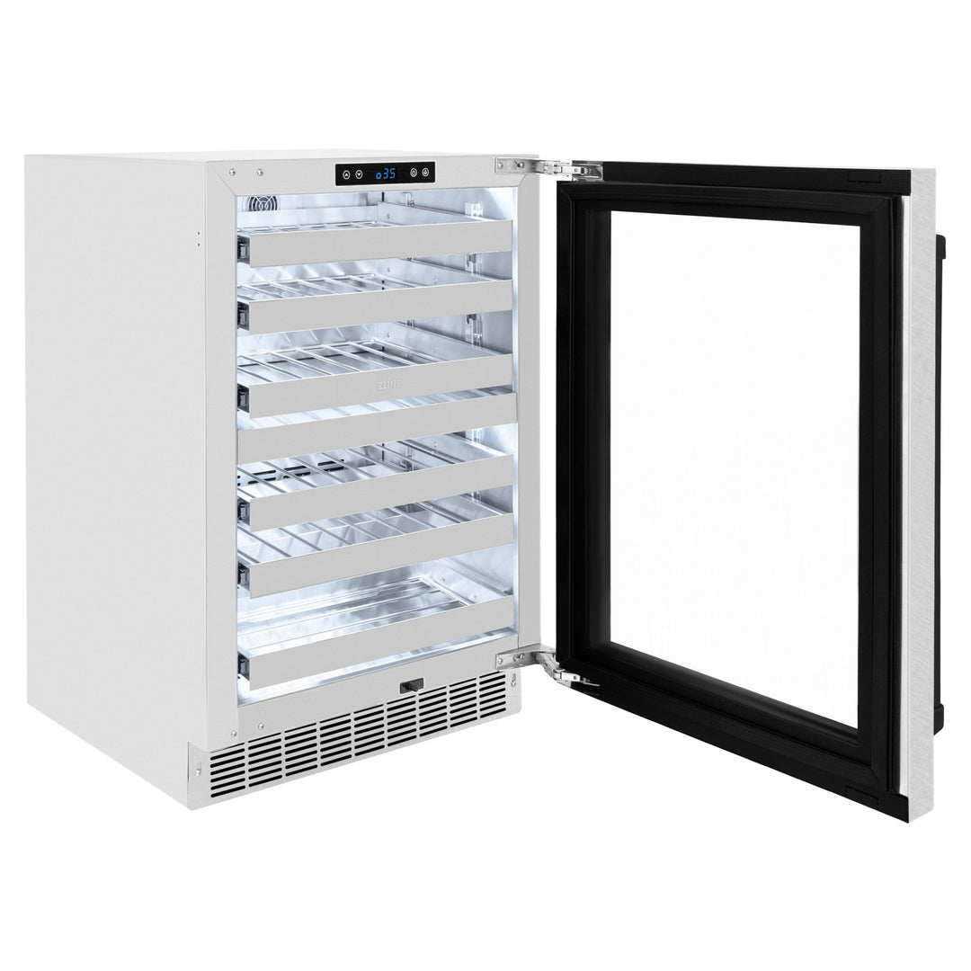 ZLINE Autograph Edition 24 in. Touchstone Dual Zone 44 Bottle Wine Cooler with Satin Stainless Steel Glass Door and Matte Black Handle (RWDOZ-SN-24-MB)