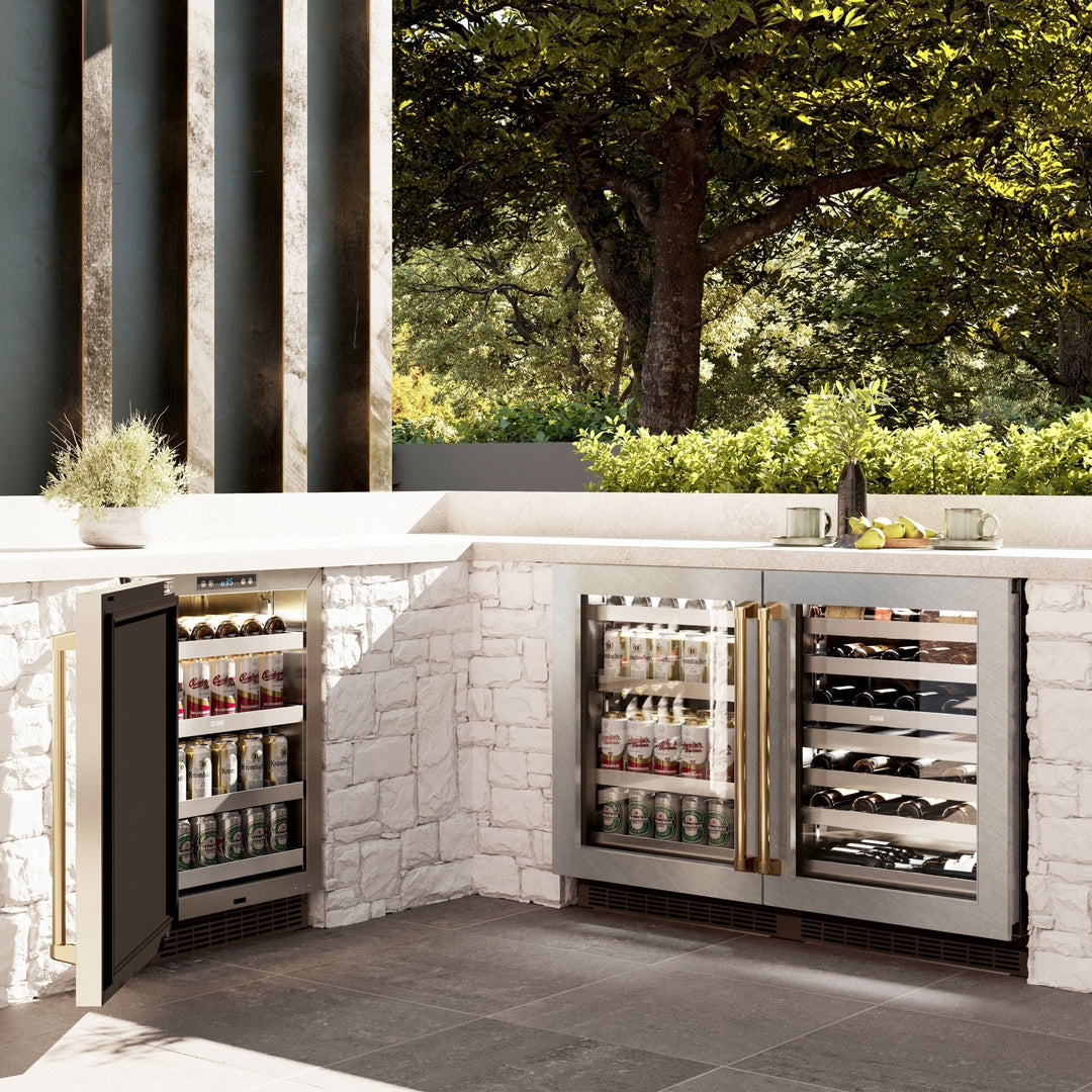 ZLINE Autograph Edition 24 in. Touchstone Dual Zone 44 Bottle Wine Cooler with Satin Stainless Steel Glass Door and Polished Gold Handle (RWDOZ-SN-24-G)