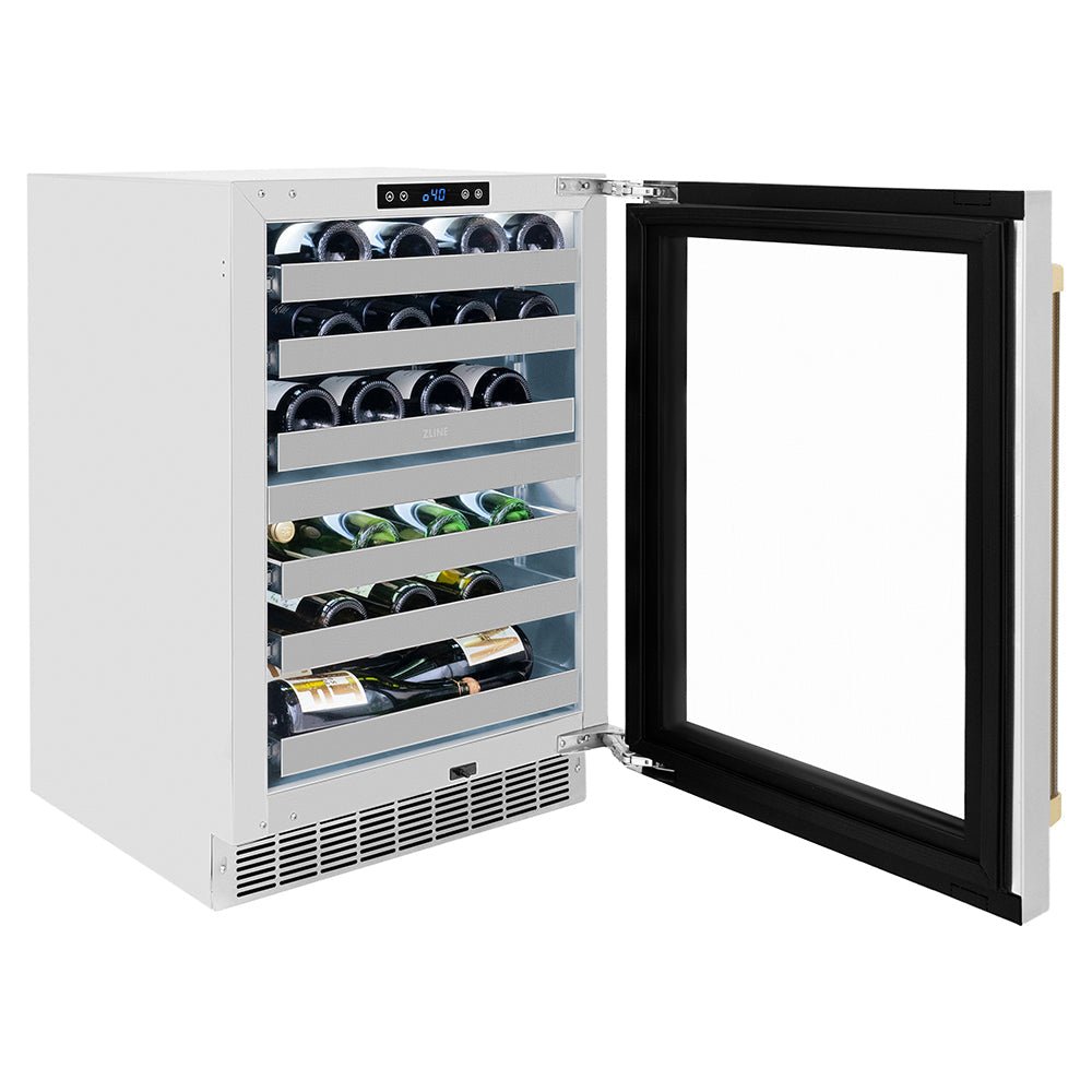 ZLINE Autograph Edition 24 in. Touchstone Dual Zone 44 Bottle Wine Cooler with Stainless Steel Glass Door and Champagne Bronze Helix Handle (RWDOZS-24-KCB)